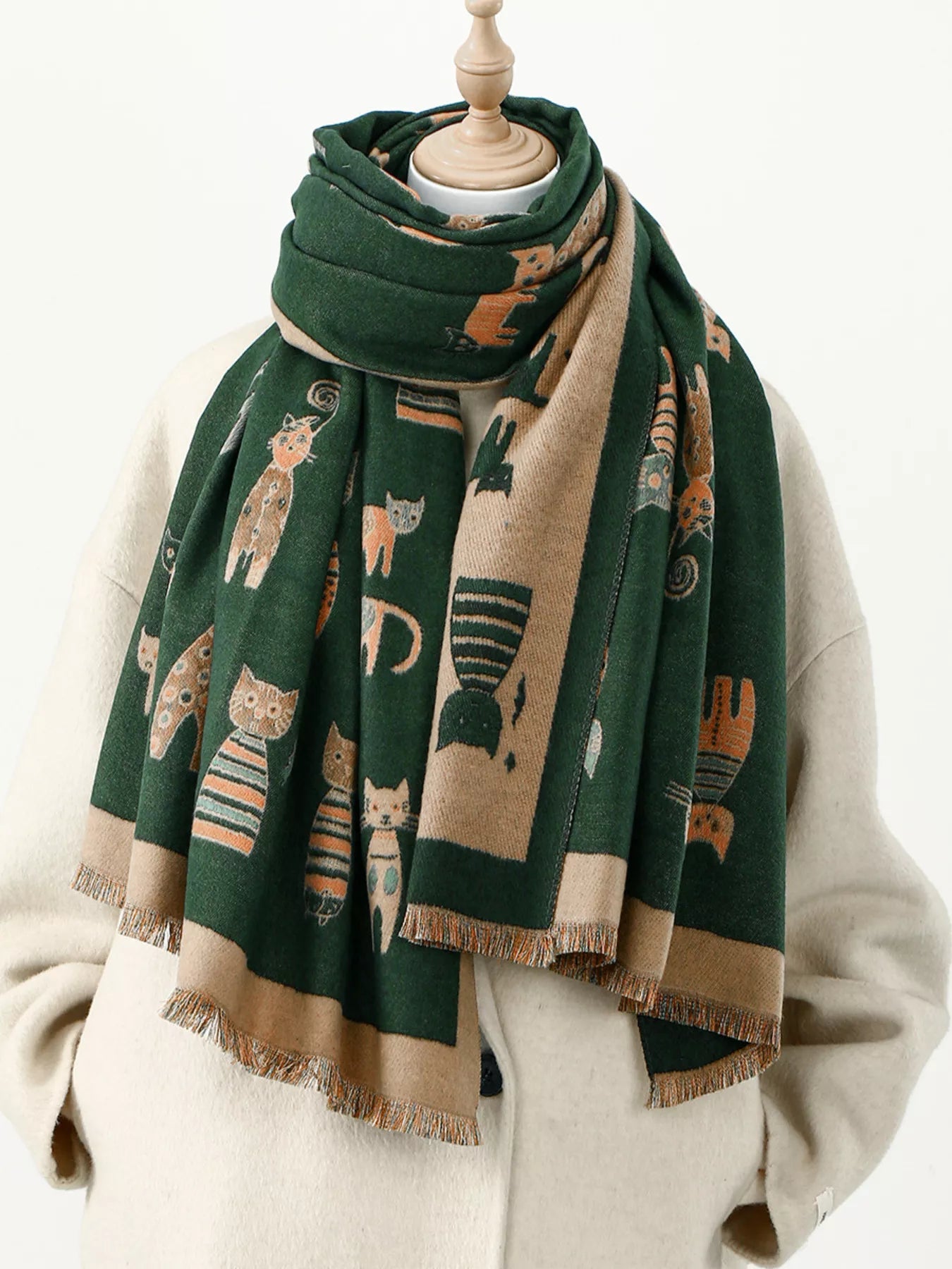 Cute Cat Pattern Raw Hem Scarf - | VivaMix StoreCute Cat Pattern Raw Hem Scarf - VivaMix Store