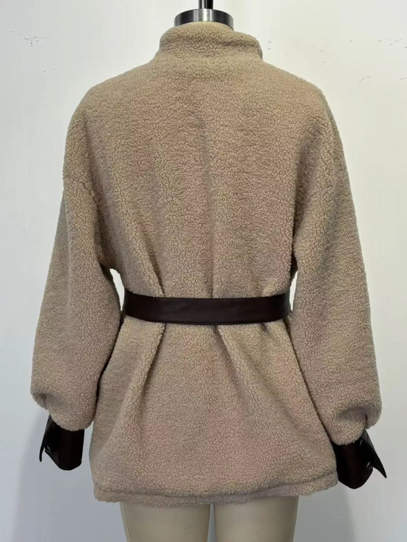 Leather Trim Sherpa Outerwear with Pockets - Outerwear | VivaMix StoreLeather Trim Sherpa Outerwear with Pockets - VivaMix Store