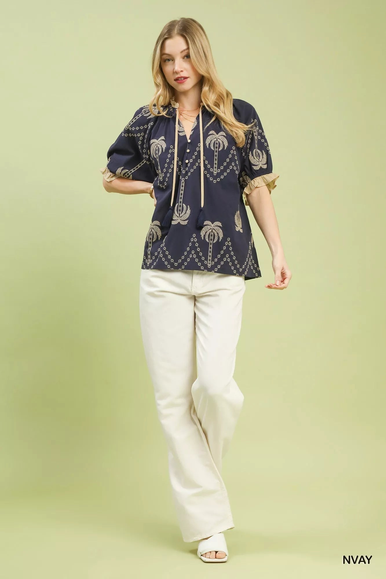 Umgee Embroidered Palm Print Tassel Tie Blouse - | VivaMix StoreUmgee Embroidered Palm Print Tassel Tie Blouse - VivaMix Store