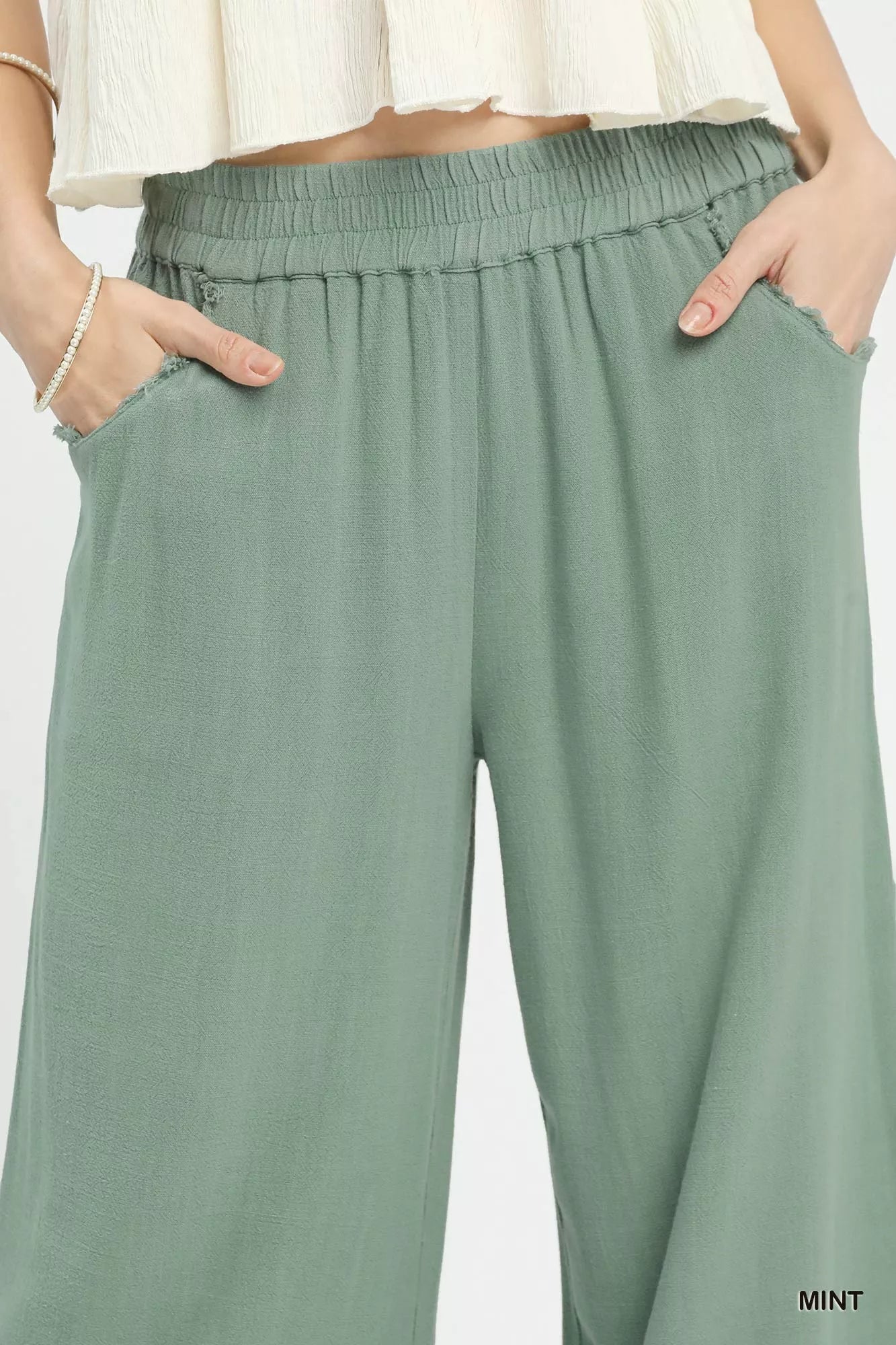 Umgee Linen Wide Leg Cropped Pants with Lace Trim - | VivaMix StoreUmgee Linen Wide Leg Cropped Pants with Lace Trim - VivaMix Store