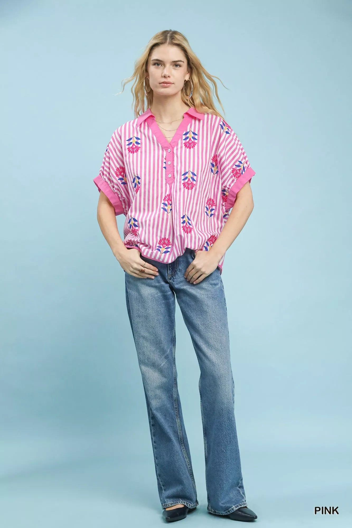 Umgee Stripe Embroidered Button - Front Boho Blouse - | VivaMix StoreUmgee Stripe Embroidered Button - Front Boho Blouse - VivaMix Store