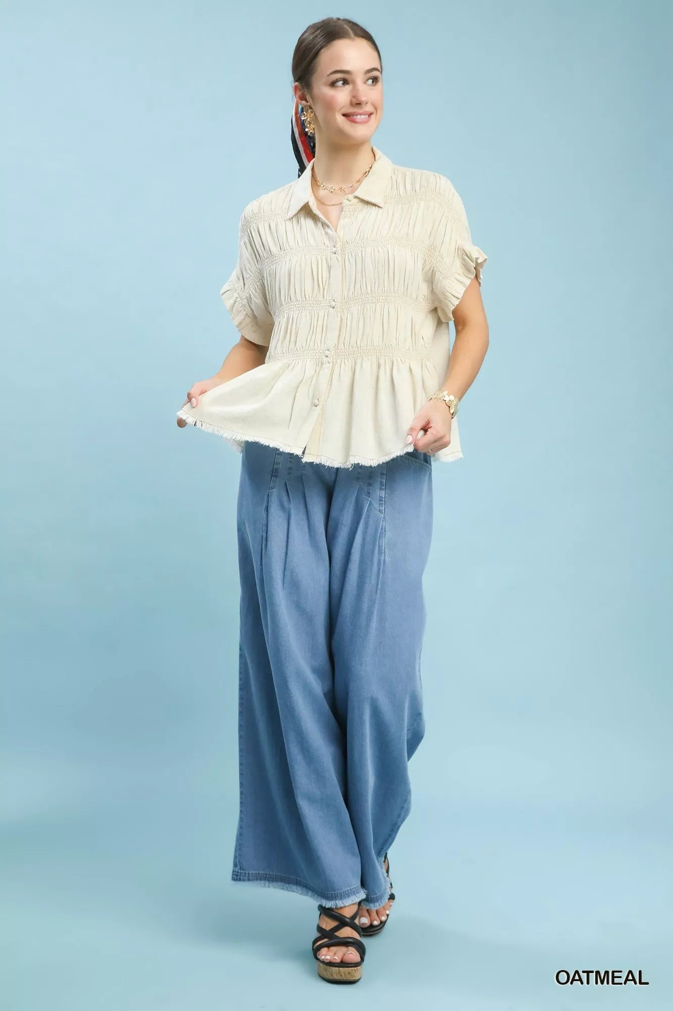 Umgee Washed Linen Blend Smocked Shirt - | VivaMix StoreUmgee Washed Linen Blend Smocked Shirt - VivaMix Store