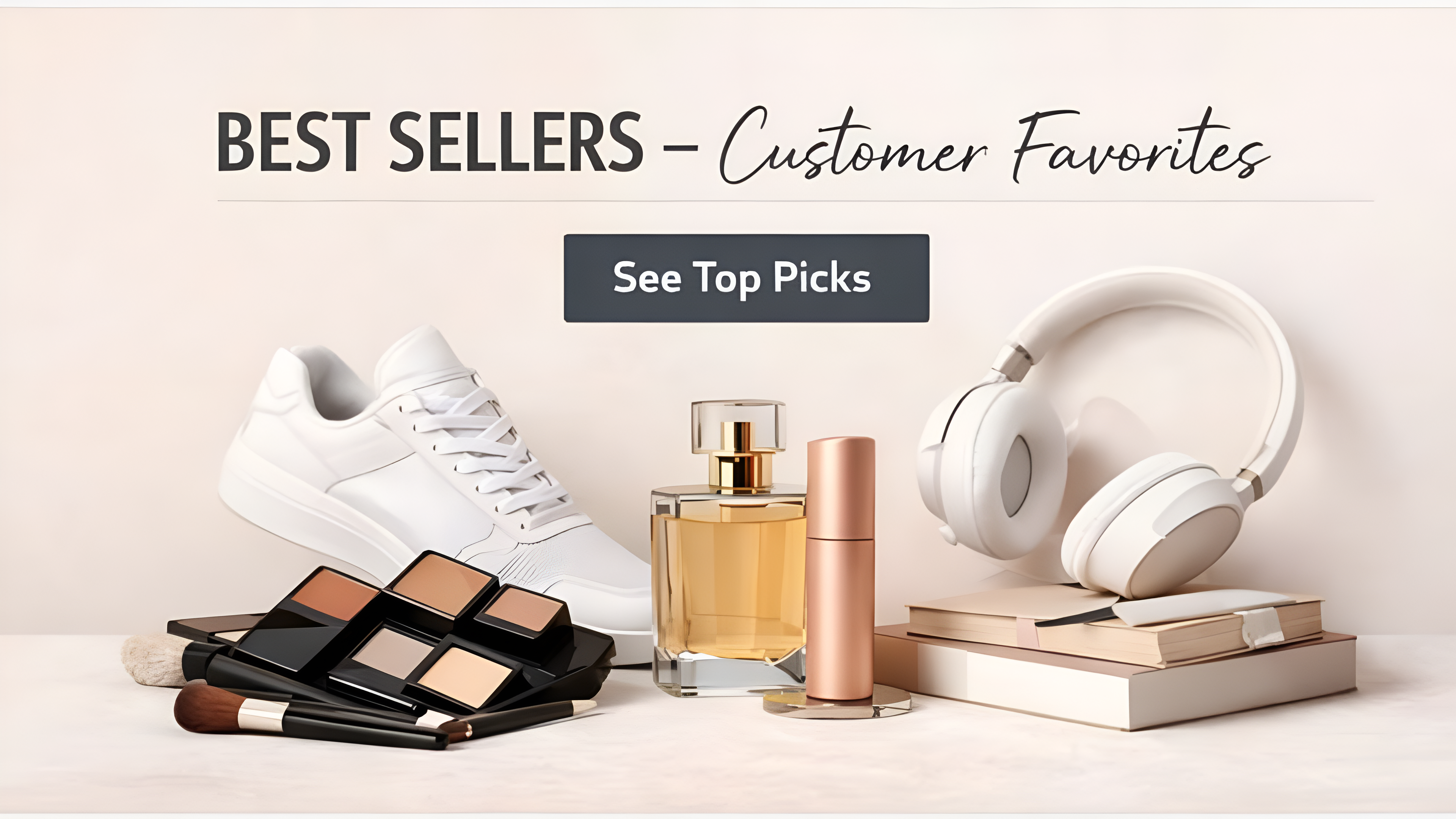 Display of best-sellers including sneakers, perfume, makeup, and headphones on a light background.