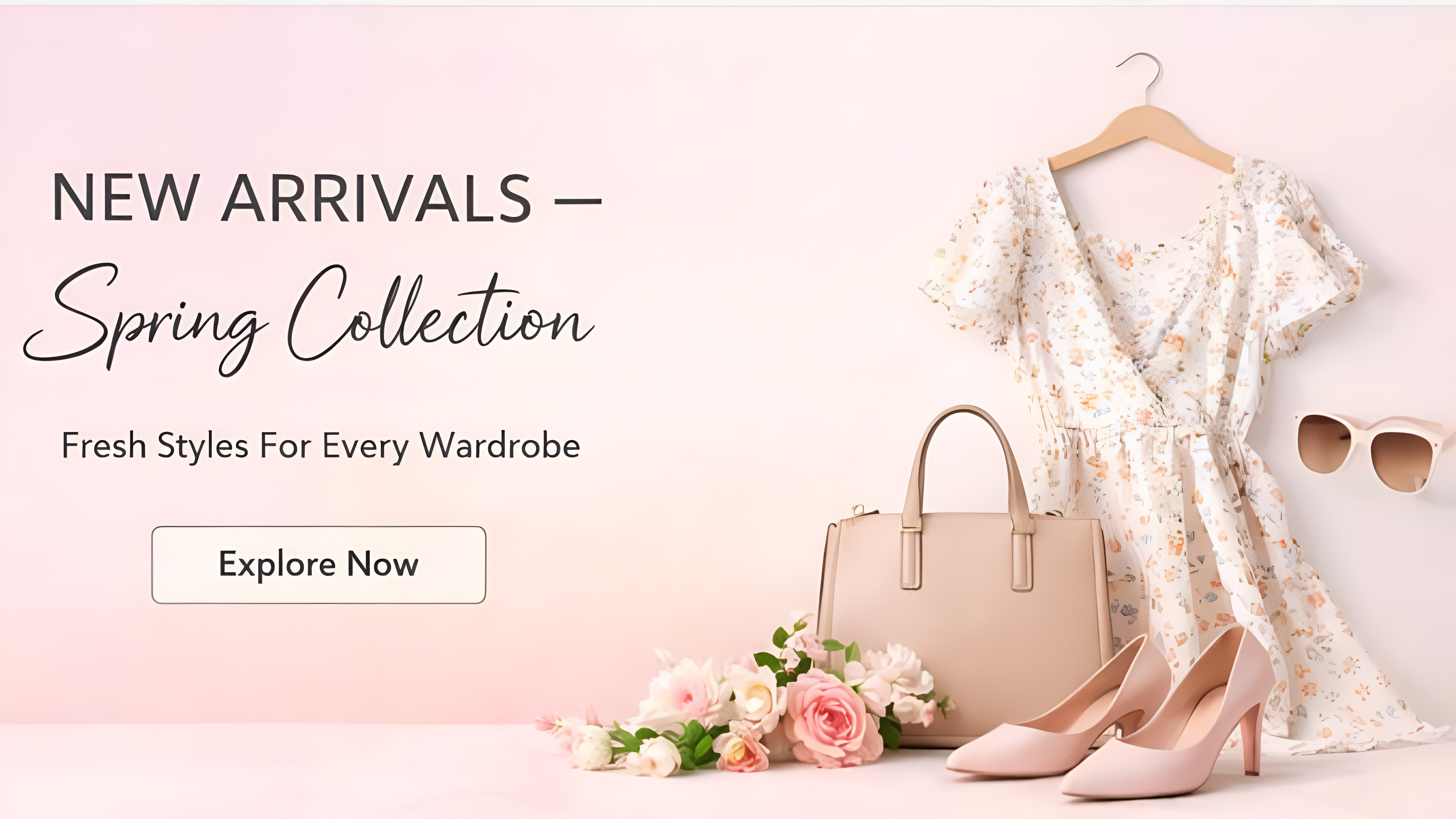 Spring collection with a dress, handbag, shoes, and flowers on a pink background.