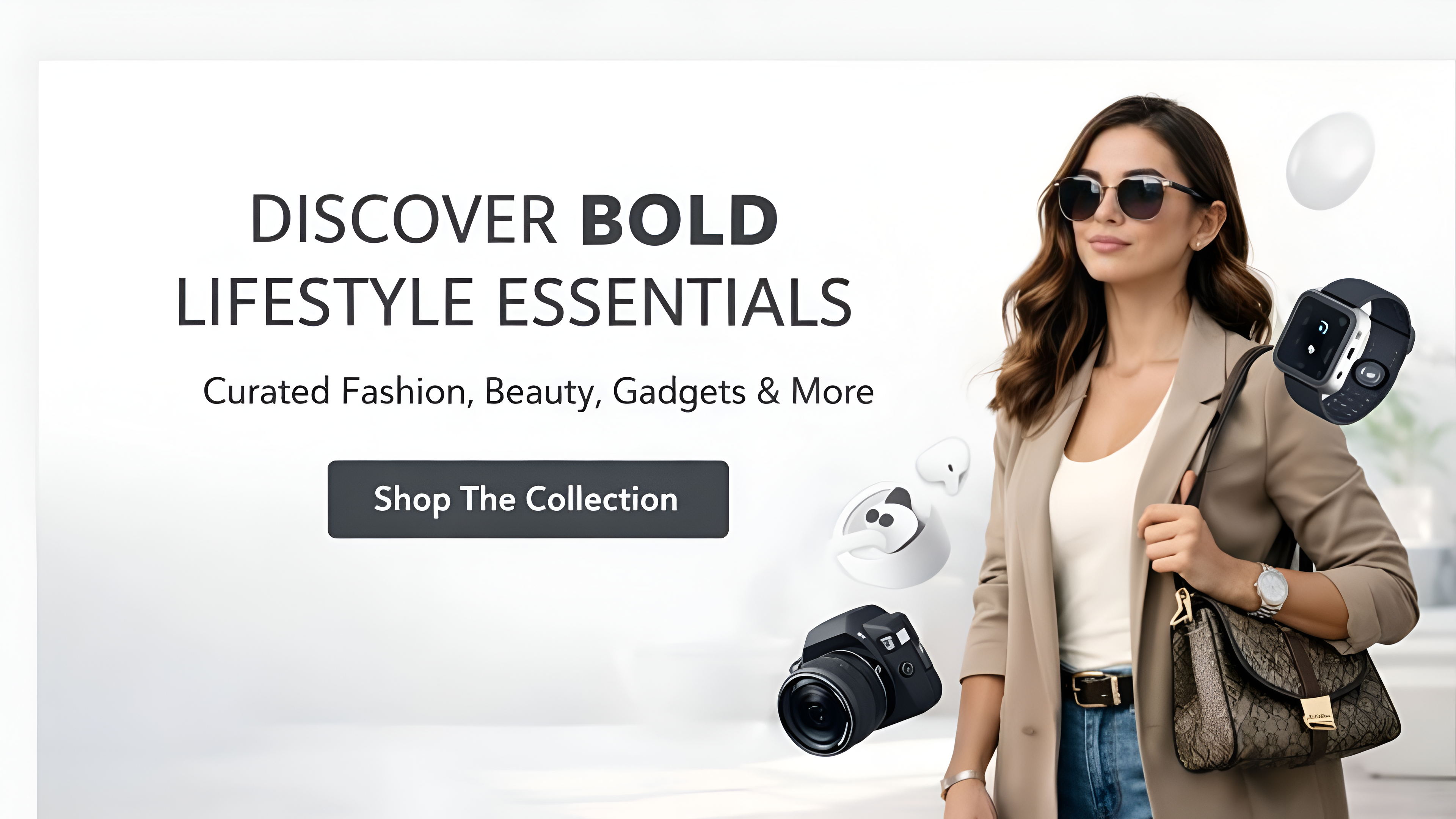 Woman holding a camera and handbag with text about lifestyle essentials on a white background