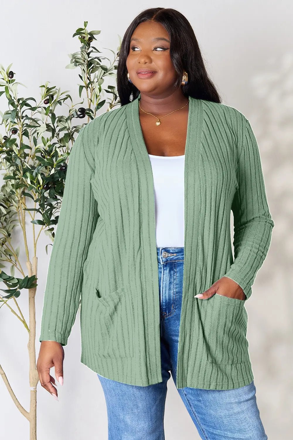 Basic Bae Full Size Ribbed Open Front Cardigan with Pockets - | VivaMix StoreBasic Bae Full Size Ribbed Open Front Cardigan with Pockets - VivaMix Store