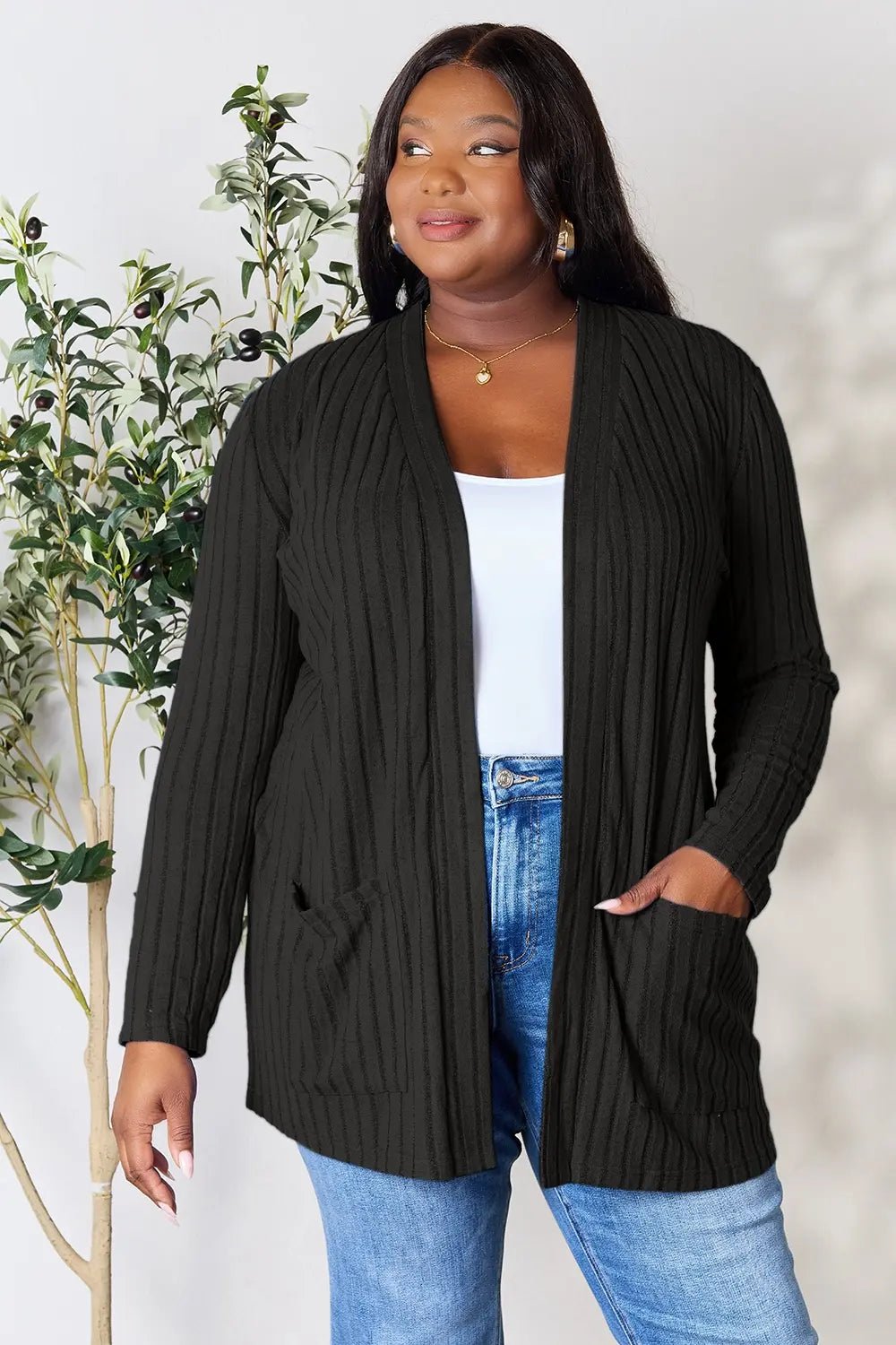 Basic Bae Full Size Ribbed Open Front Cardigan with Pockets - | VivaMix StoreBasic Bae Full Size Ribbed Open Front Cardigan with Pockets - VivaMix Store