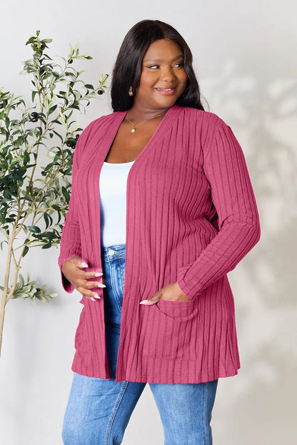 Basic Bae Full Size Ribbed Open Front Cardigan with Pockets - | VivaMix StoreBasic Bae Full Size Ribbed Open Front Cardigan with Pockets - VivaMix Store