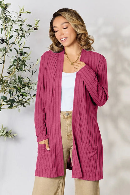 Basic Bae Full Size Ribbed Open Front Cardigan with Pockets - | VivaMix StoreBasic Bae Full Size Ribbed Open Front Cardigan with Pockets - VivaMix Store