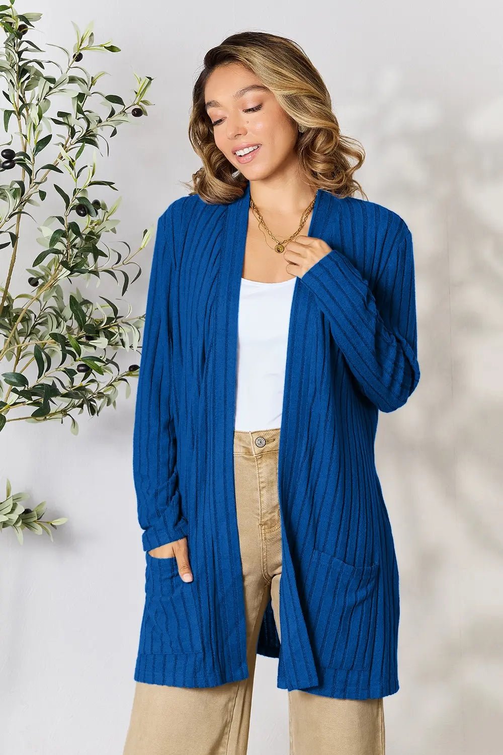 Basic Bae Full Size Ribbed Open Front Cardigan with Pockets - | VivaMix StoreBasic Bae Full Size Ribbed Open Front Cardigan with Pockets - VivaMix Store