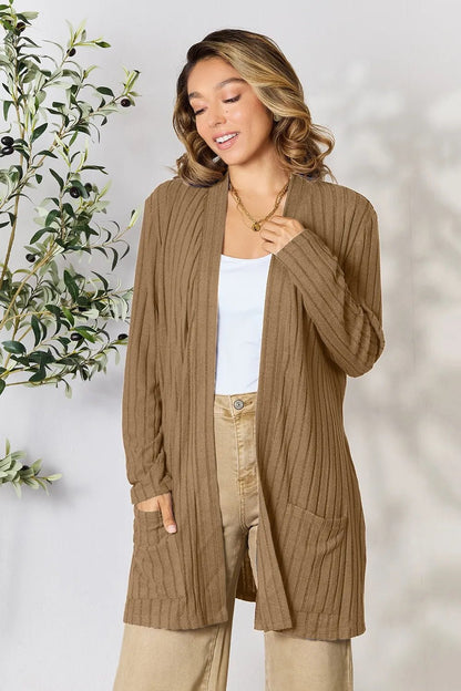 Basic Bae Full Size Ribbed Open Front Cardigan with Pockets - | VivaMix StoreBasic Bae Full Size Ribbed Open Front Cardigan with Pockets - VivaMix Store