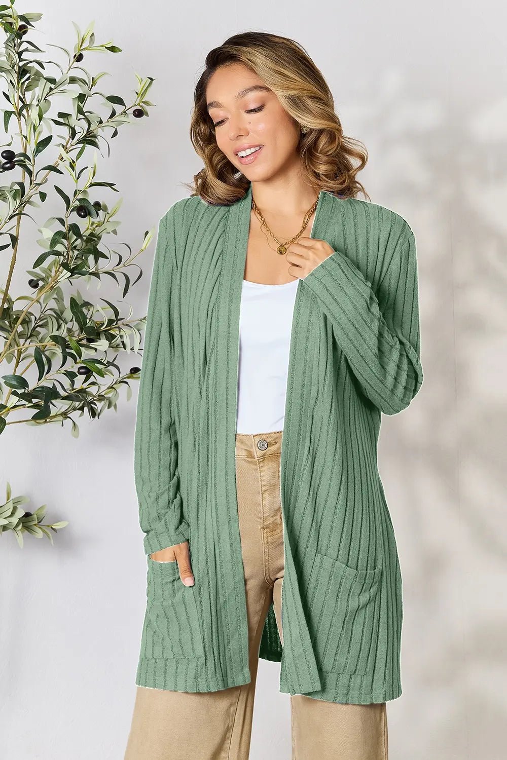 Basic Bae Full Size Ribbed Open Front Cardigan with Pockets - | VivaMix StoreBasic Bae Full Size Ribbed Open Front Cardigan with Pockets - VivaMix Store