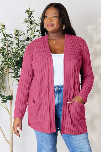 Basic Bae Full Size Ribbed Open Front Cardigan with Pockets - | VivaMix StoreBasic Bae Full Size Ribbed Open Front Cardigan with Pockets - VivaMix Store
