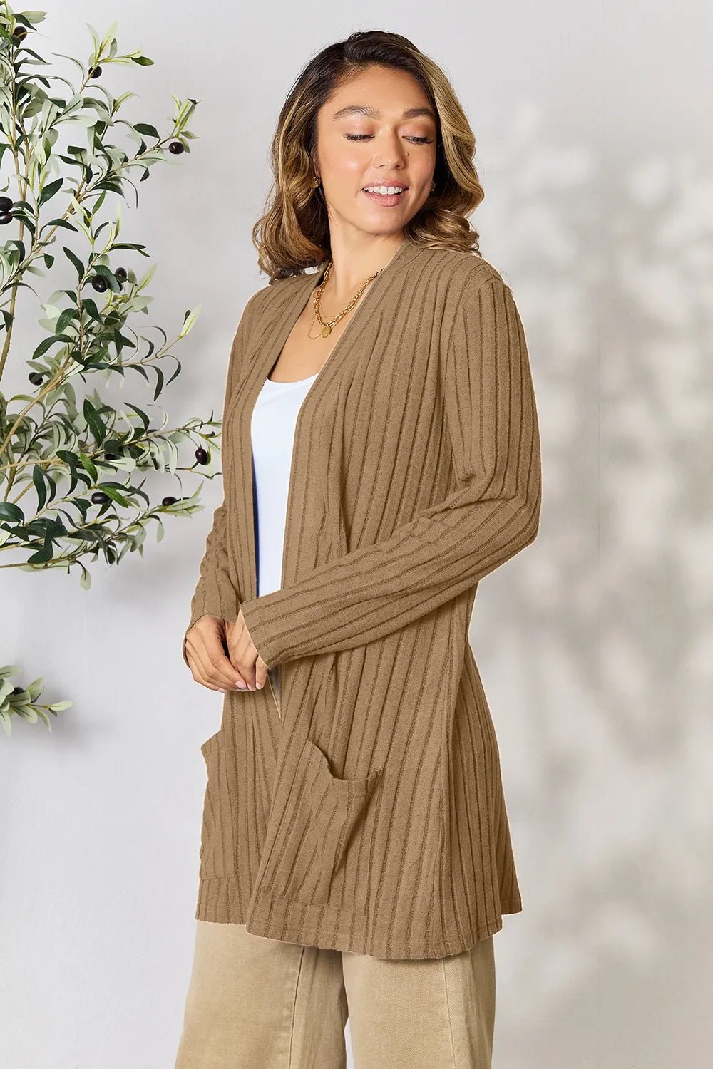 Basic Bae Full Size Ribbed Open Front Cardigan with Pockets - | VivaMix StoreBasic Bae Full Size Ribbed Open Front Cardigan with Pockets - VivaMix Store