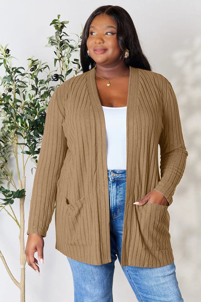 Basic Bae Full Size Ribbed Open Front Cardigan with Pockets - | VivaMix StoreBasic Bae Full Size Ribbed Open Front Cardigan with Pockets - VivaMix Store