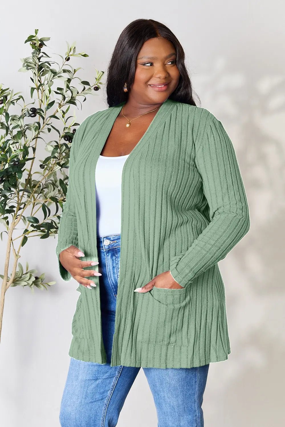 Basic Bae Full Size Ribbed Open Front Cardigan with Pockets - | VivaMix StoreBasic Bae Full Size Ribbed Open Front Cardigan with Pockets - VivaMix Store