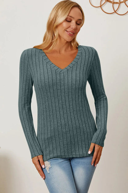 Basic Bae Full Size Ribbed V - Neck Long Sleeve T-Shirt - | VivaMix StoreBasic Bae Full Size Ribbed V - Neck Long Sleeve T-Shirt - VivaMix Store