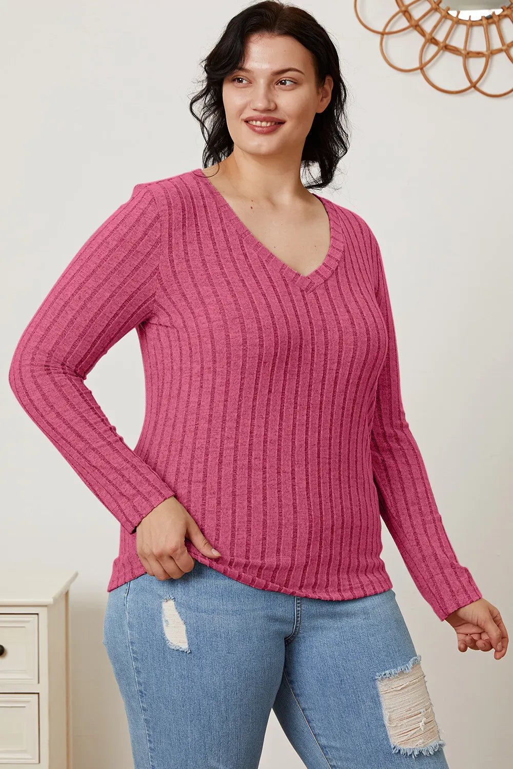 Basic Bae Full Size Ribbed V - Neck Long Sleeve T-Shirt - | VivaMix StoreBasic Bae Full Size Ribbed V - Neck Long Sleeve T-Shirt - VivaMix Store