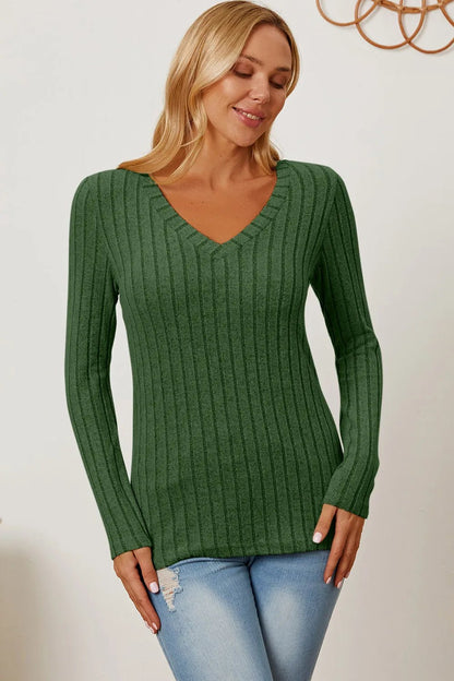 Basic Bae Full Size Ribbed V - Neck Long Sleeve T-Shirt - | VivaMix StoreBasic Bae Full Size Ribbed V - Neck Long Sleeve T-Shirt - VivaMix Store