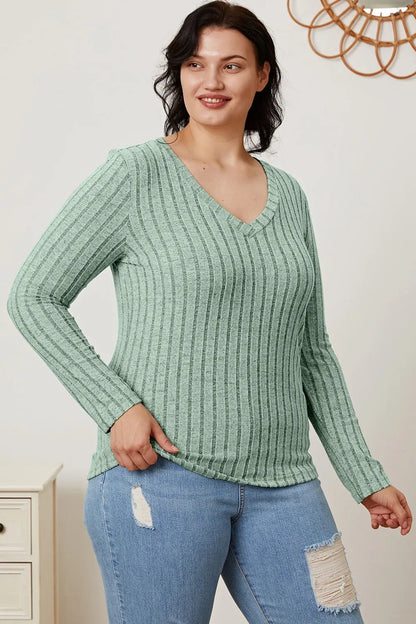 Basic Bae Full Size Ribbed V - Neck Long Sleeve T-Shirt - | VivaMix StoreBasic Bae Full Size Ribbed V - Neck Long Sleeve T-Shirt - VivaMix Store