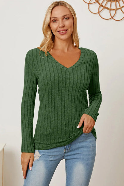 Basic Bae Full Size Ribbed V - Neck Long Sleeve T-Shirt - | VivaMix StoreBasic Bae Full Size Ribbed V - Neck Long Sleeve T-Shirt - VivaMix Store