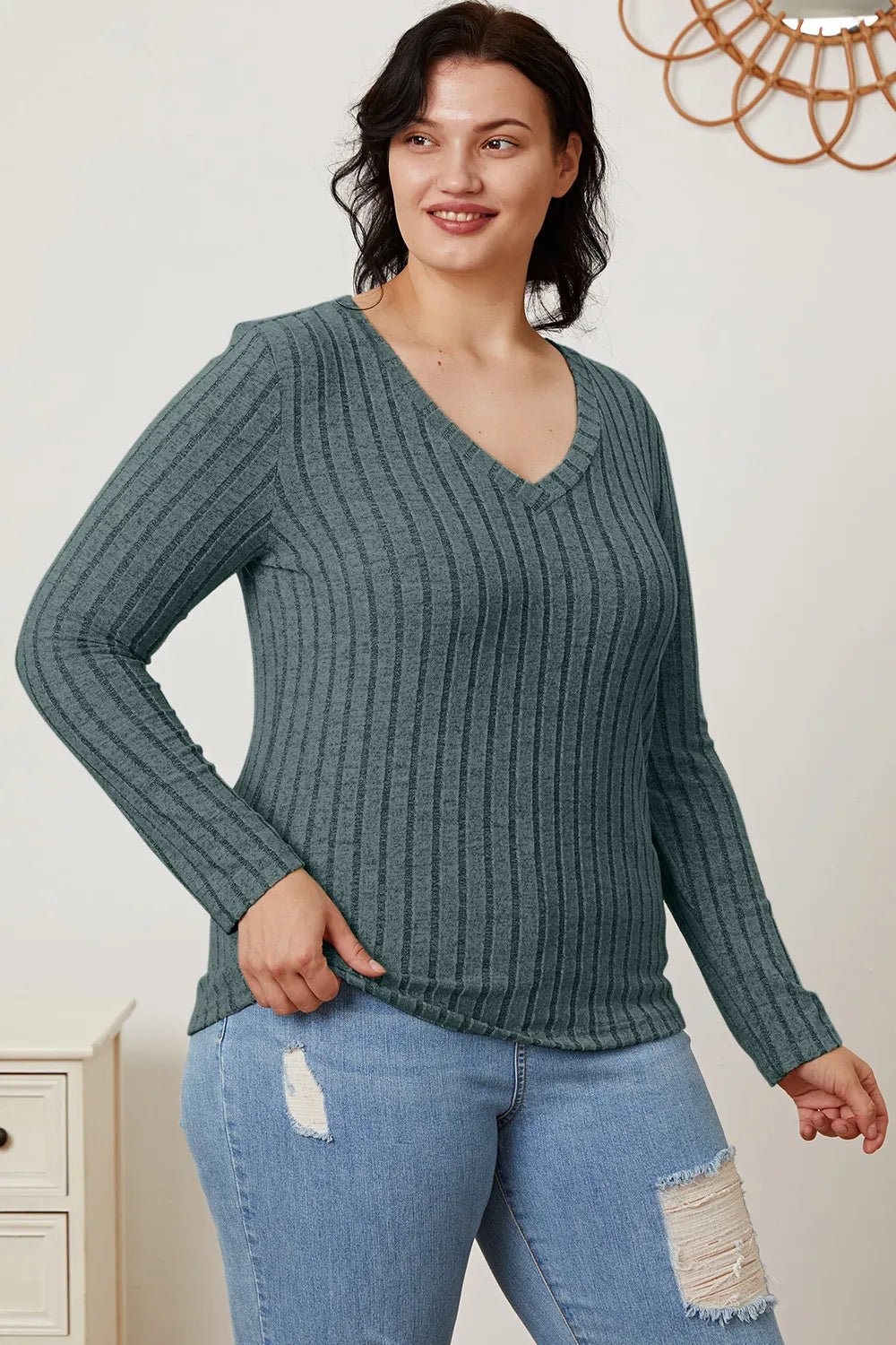 Basic Bae Full Size Ribbed V - Neck Long Sleeve T-Shirt - | VivaMix StoreBasic Bae Full Size Ribbed V - Neck Long Sleeve T-Shirt - VivaMix Store