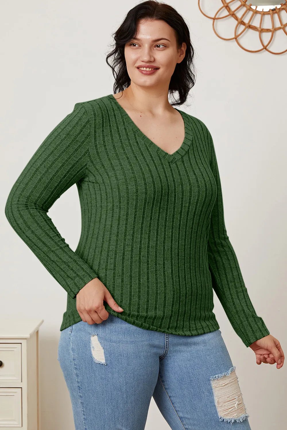 Basic Bae Full Size Ribbed V - Neck Long Sleeve T-Shirt - | VivaMix StoreBasic Bae Full Size Ribbed V - Neck Long Sleeve T-Shirt - VivaMix Store