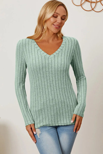 Basic Bae Full Size Ribbed V - Neck Long Sleeve T-Shirt - | VivaMix StoreBasic Bae Full Size Ribbed V - Neck Long Sleeve T-Shirt - VivaMix Store