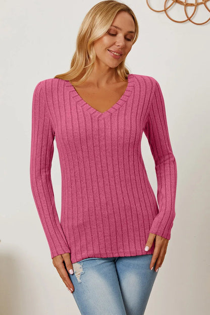 Basic Bae Full Size Ribbed V - Neck Long Sleeve T-Shirt - | VivaMix StoreBasic Bae Full Size Ribbed V - Neck Long Sleeve T-Shirt - VivaMix Store