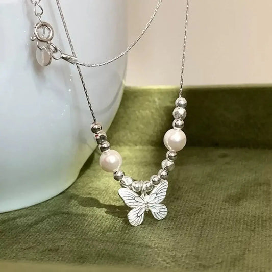 Butterfly Pearl Pendant Necklace - 925 Sterling Silver with Synthetic Pearl - | VivaMix StoreButterfly Pearl Pendant Necklace - 925 Sterling Silver with Synthetic Pearl - VivaMix Store