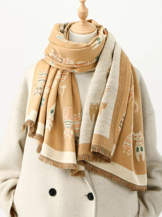 Cute Cat Pattern Raw Hem Scarf - | VivaMix StoreCute Cat Pattern Raw Hem Scarf - VivaMix Store