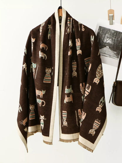 Cute Cat Pattern Raw Hem Scarf - | VivaMix StoreCute Cat Pattern Raw Hem Scarf - VivaMix Store