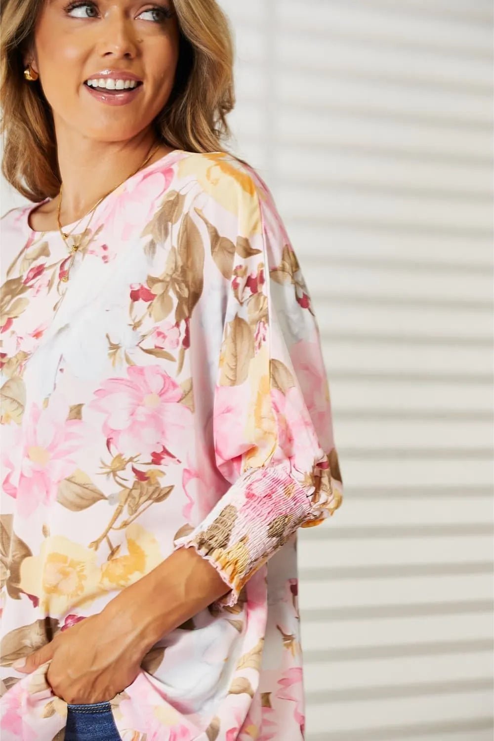 Double Take Floral Round Neck Three - Quarter Sleeve Top - | VivaMix StoreDouble Take Floral Round Neck Three - Quarter Sleeve Top - VivaMix Store