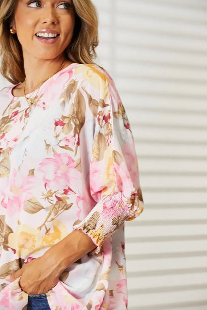 Double Take Floral Round Neck Three - Quarter Sleeve Top - | VivaMix StoreDouble Take Floral Round Neck Three - Quarter Sleeve Top - VivaMix Store