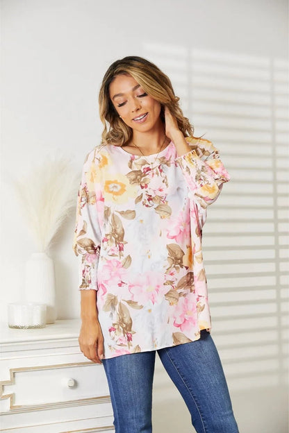 Double Take Floral Round Neck Three - Quarter Sleeve Top - | VivaMix StoreDouble Take Floral Round Neck Three - Quarter Sleeve Top - VivaMix Store