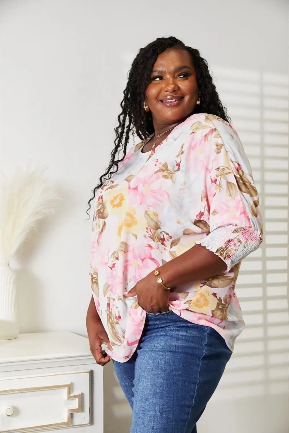 Double Take Floral Round Neck Three - Quarter Sleeve Top - | VivaMix StoreDouble Take Floral Round Neck Three - Quarter Sleeve Top - VivaMix Store