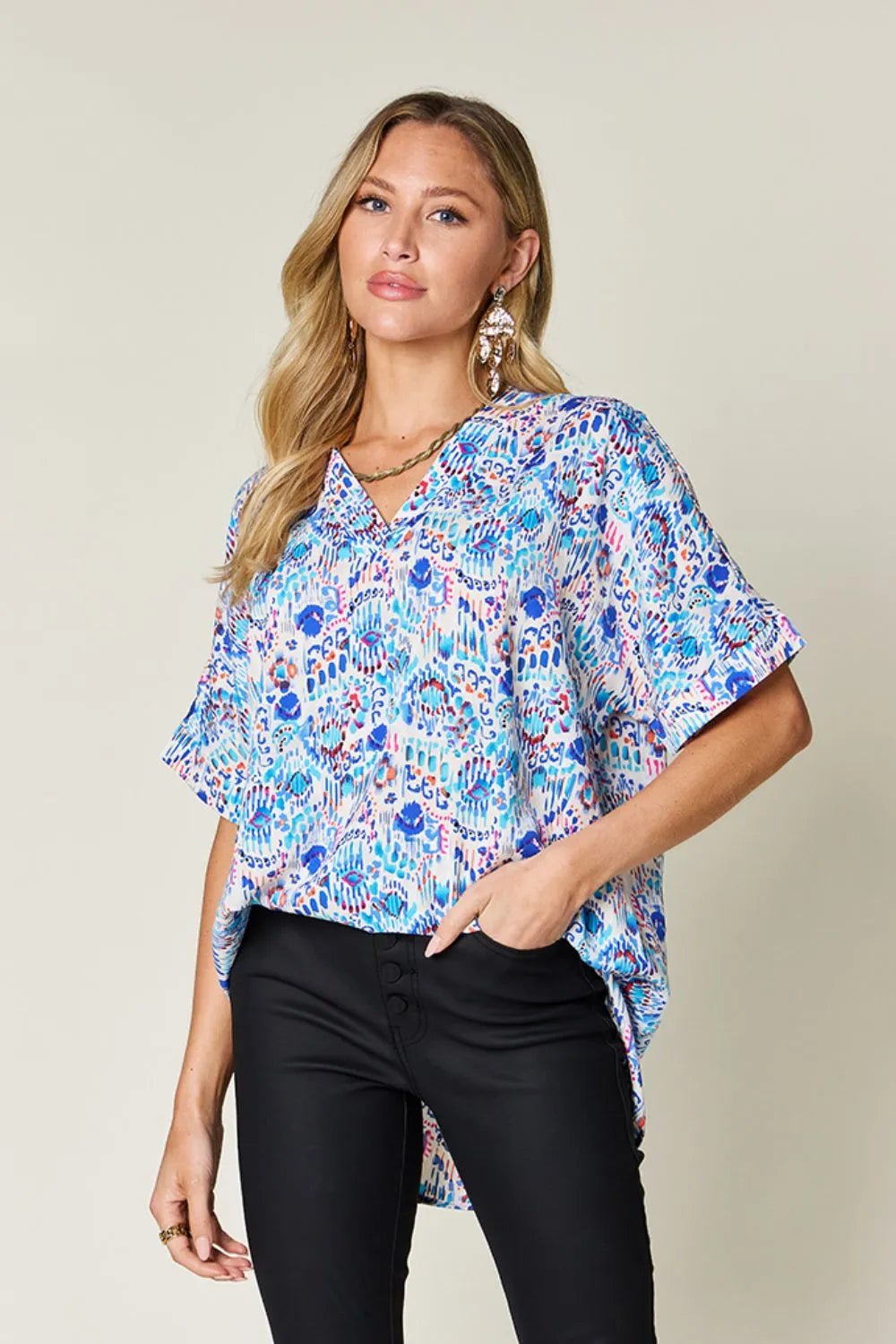Double Take Full Size Printed V - Neck Short Sleeve Blouse - | VivaMix StoreDouble Take Full Size Printed V - Neck Short Sleeve Blouse - VivaMix Store