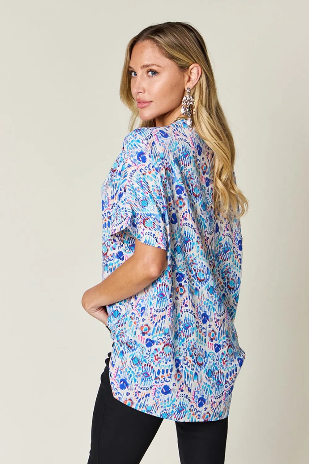 Double Take Full Size Printed V - Neck Short Sleeve Blouse - | VivaMix StoreDouble Take Full Size Printed V - Neck Short Sleeve Blouse - VivaMix Store