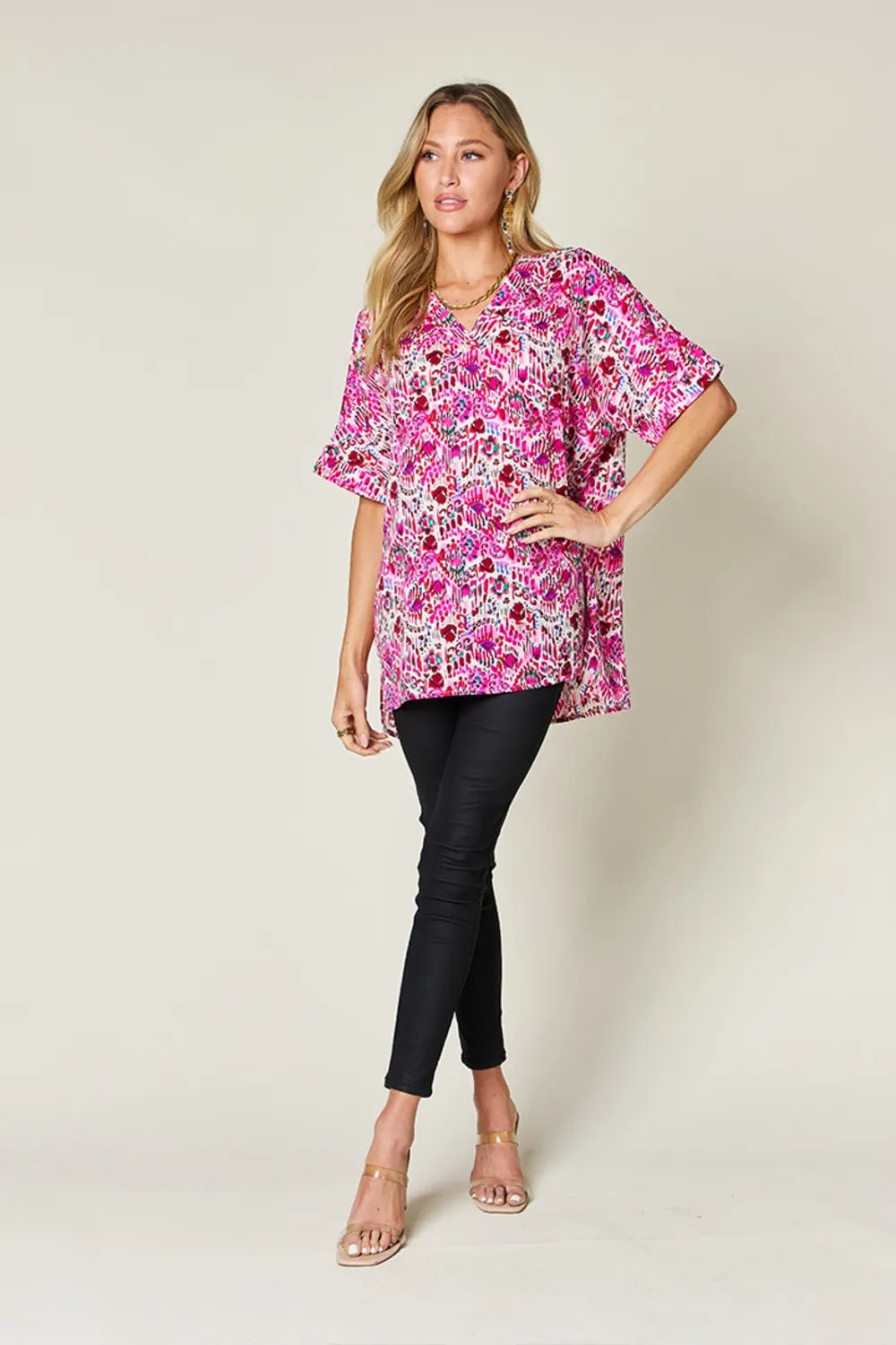 Double Take Full Size Printed V - Neck Short Sleeve Blouse - | VivaMix StoreDouble Take Full Size Printed V - Neck Short Sleeve Blouse - VivaMix Store