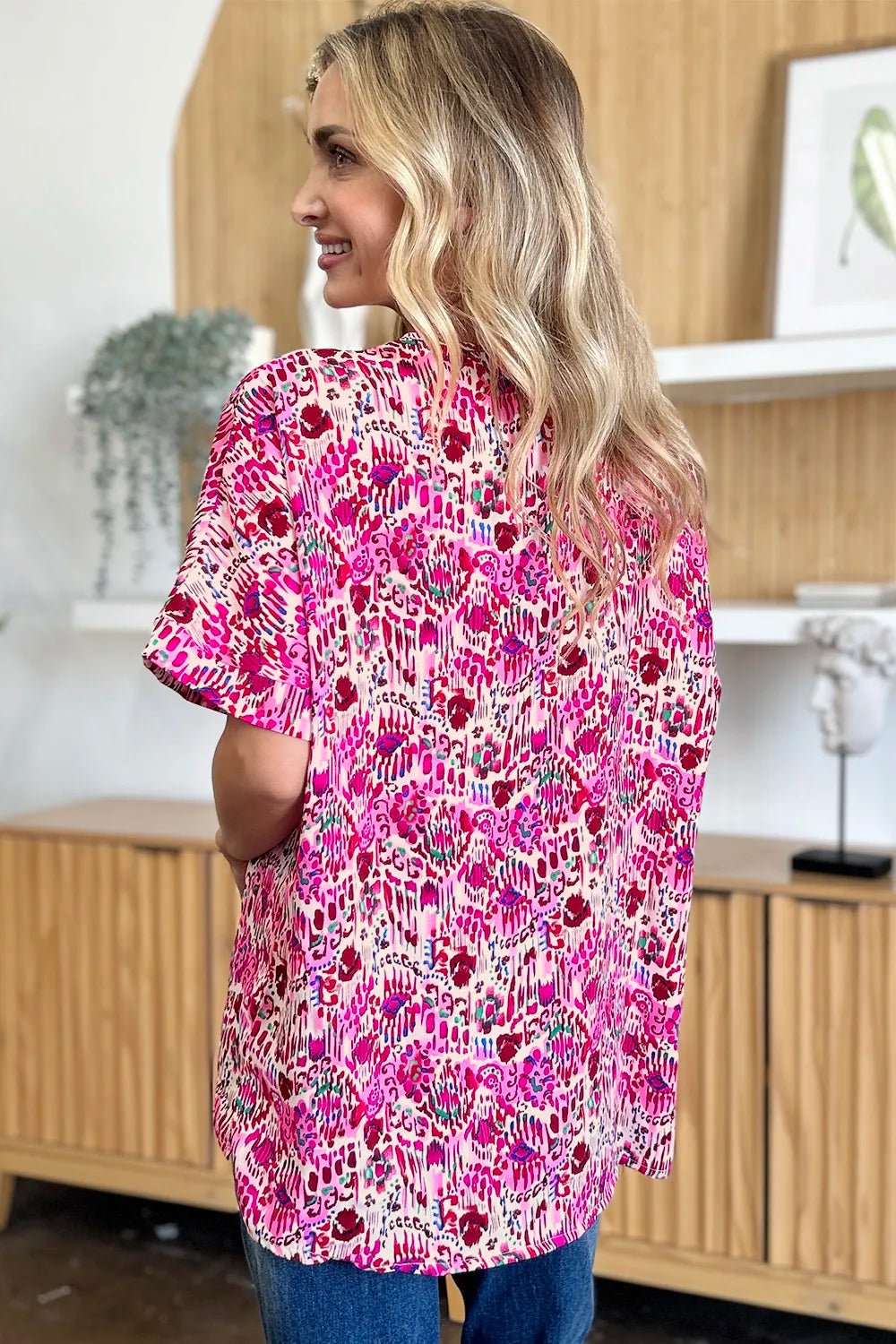 Double Take Full Size Printed V - Neck Short Sleeve Blouse - | VivaMix StoreDouble Take Full Size Printed V - Neck Short Sleeve Blouse - VivaMix Store