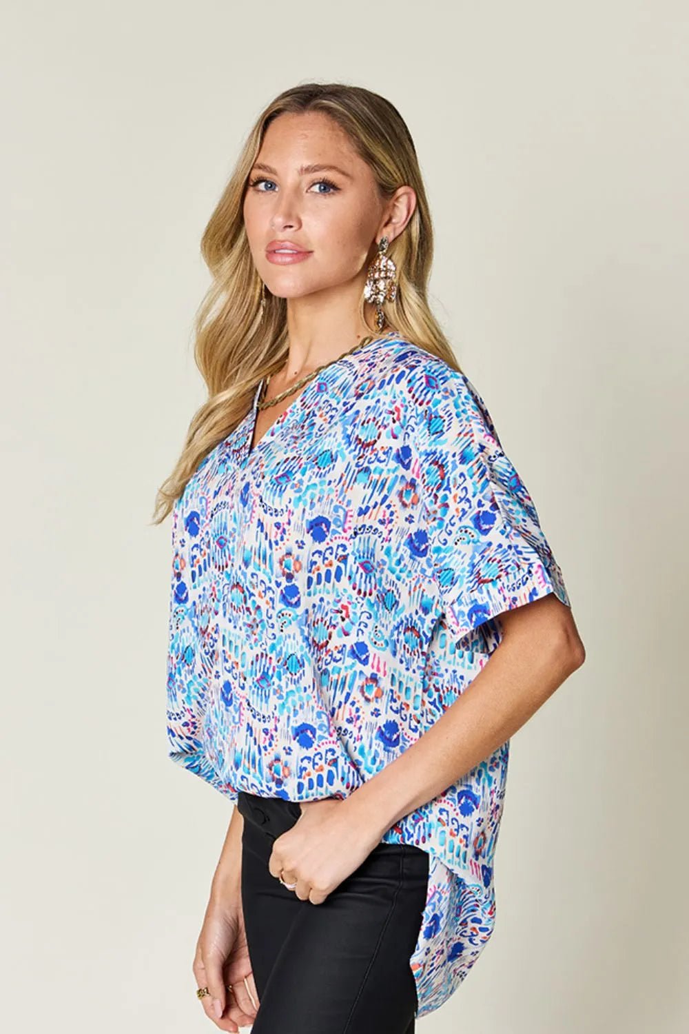 Double Take Full Size Printed V - Neck Short Sleeve Blouse - | VivaMix StoreDouble Take Full Size Printed V - Neck Short Sleeve Blouse - VivaMix Store