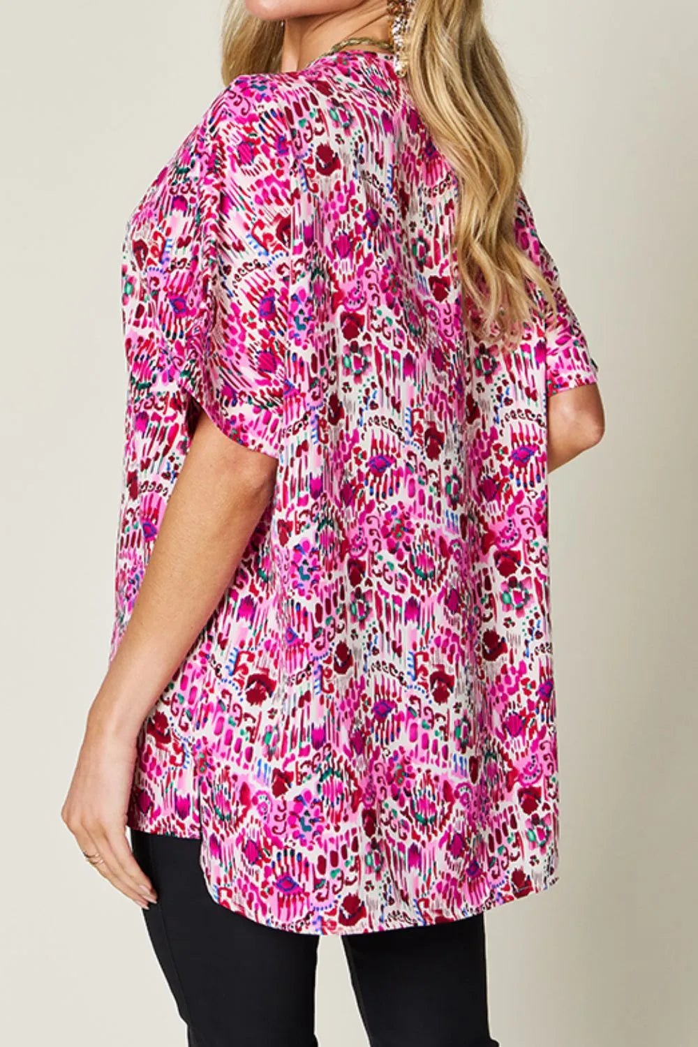 Double Take Full Size Printed V - Neck Short Sleeve Blouse - | VivaMix StoreDouble Take Full Size Printed V - Neck Short Sleeve Blouse - VivaMix Store