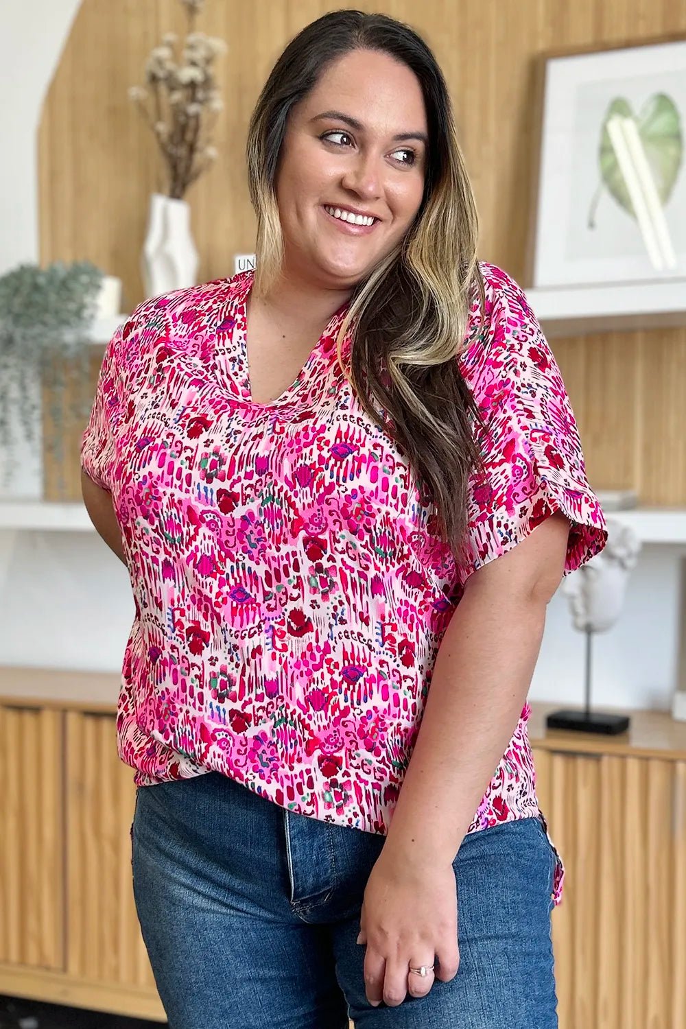 Double Take Full Size Printed V - Neck Short Sleeve Blouse - | VivaMix StoreDouble Take Full Size Printed V - Neck Short Sleeve Blouse - VivaMix Store