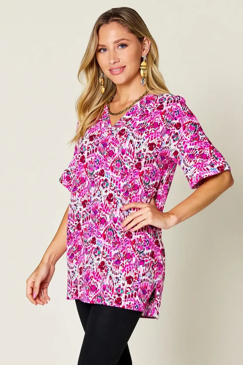 Double Take Full Size Printed V - Neck Short Sleeve Blouse - | VivaMix StoreDouble Take Full Size Printed V - Neck Short Sleeve Blouse - VivaMix Store