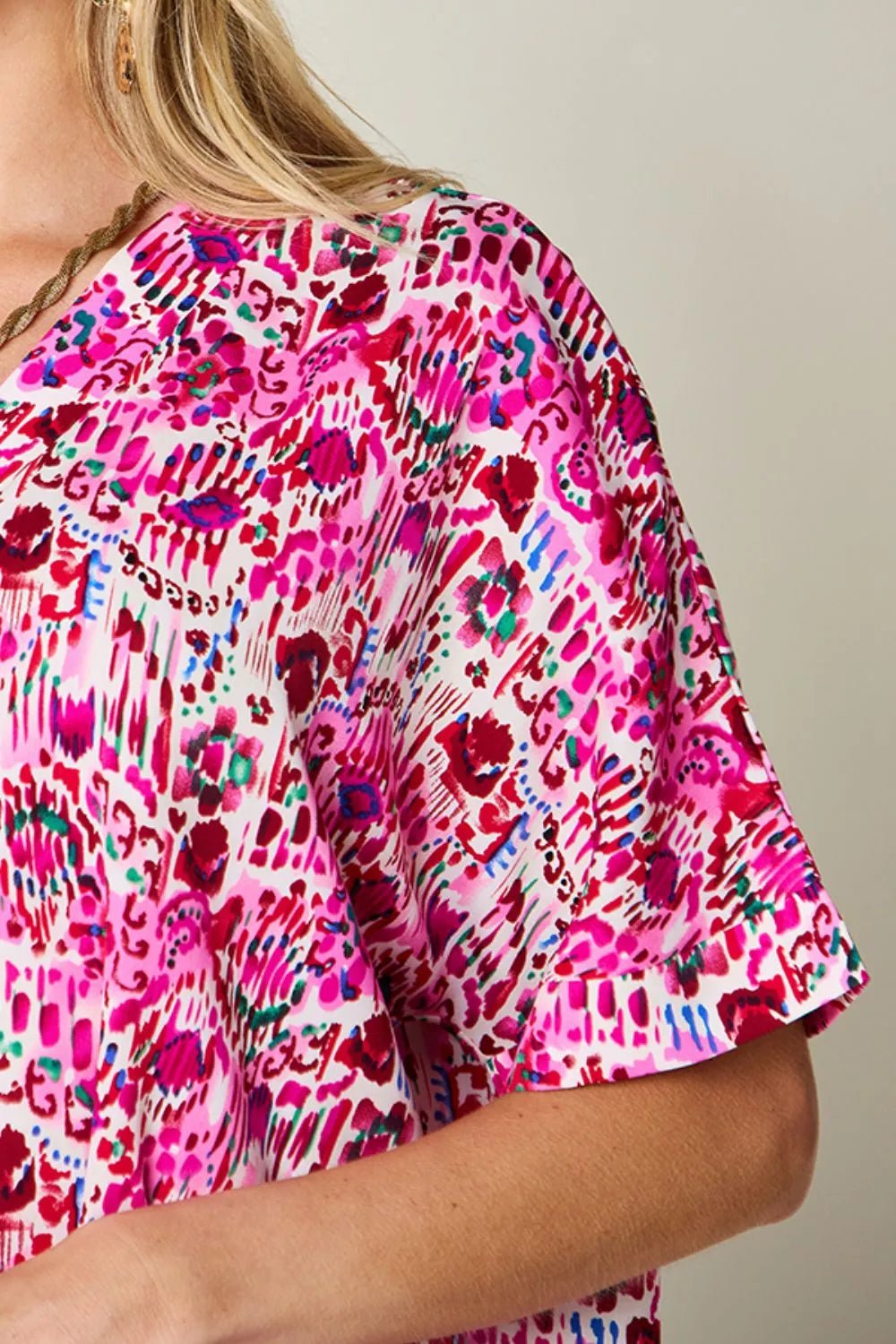 Double Take Full Size Printed V - Neck Short Sleeve Blouse - | VivaMix StoreDouble Take Full Size Printed V - Neck Short Sleeve Blouse - VivaMix Store