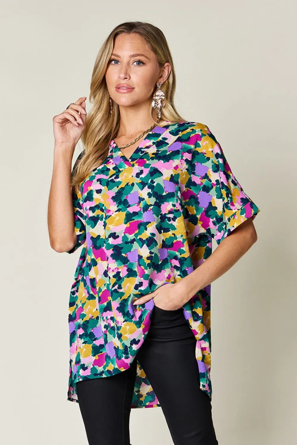 Double Take Full Size Printed V - Neck Short Sleeve Side Slit Top - | VivaMix StoreDouble Take Full Size Printed V - Neck Short Sleeve Side Slit Top - VivaMix Store