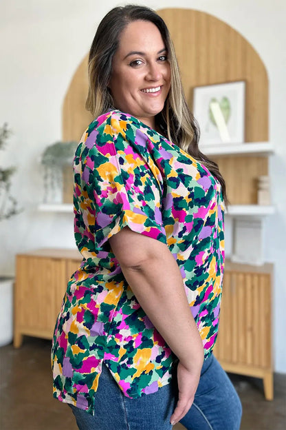 Double Take Full Size Printed V - Neck Short Sleeve Side Slit Top - | VivaMix StoreDouble Take Full Size Printed V - Neck Short Sleeve Side Slit Top - VivaMix Store