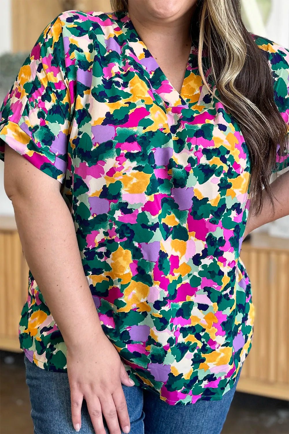 Double Take Full Size Printed V - Neck Short Sleeve Side Slit Top - | VivaMix StoreDouble Take Full Size Printed V - Neck Short Sleeve Side Slit Top - VivaMix Store