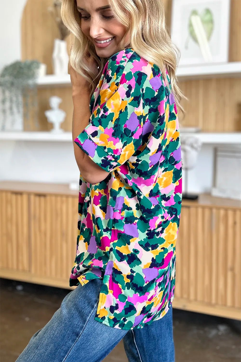 Double Take Full Size Printed V - Neck Short Sleeve Side Slit Top - | VivaMix StoreDouble Take Full Size Printed V - Neck Short Sleeve Side Slit Top - VivaMix Store