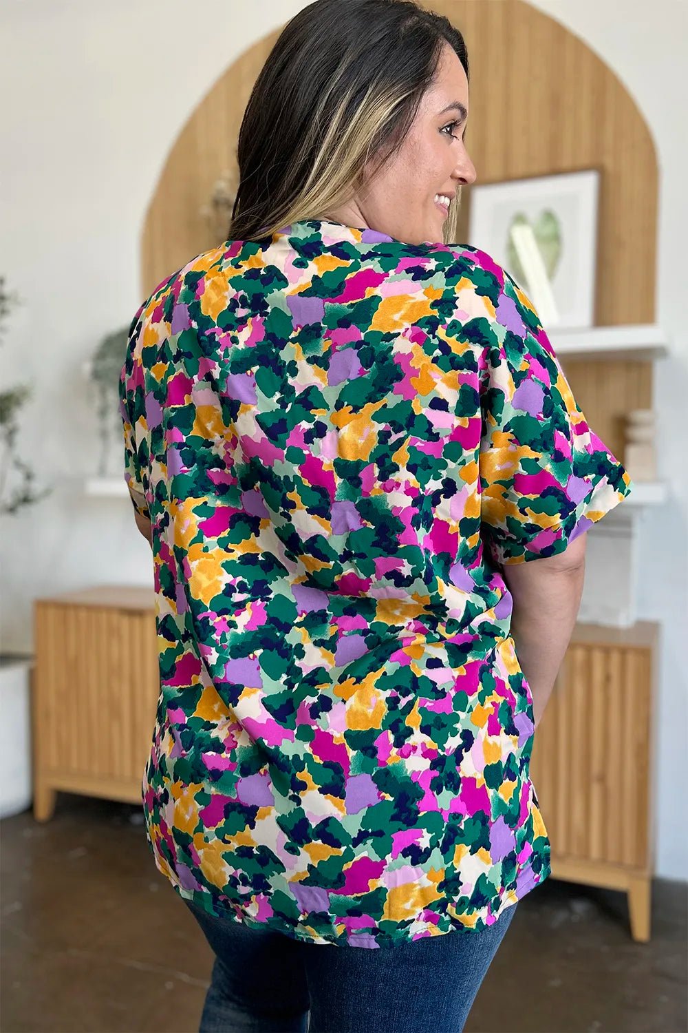 Double Take Full Size Printed V - Neck Short Sleeve Side Slit Top - | VivaMix StoreDouble Take Full Size Printed V - Neck Short Sleeve Side Slit Top - VivaMix Store